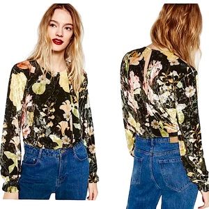 Zara Velvet Green Floral Print Bodysuit Keyhole Back Long Sleeve Size M
